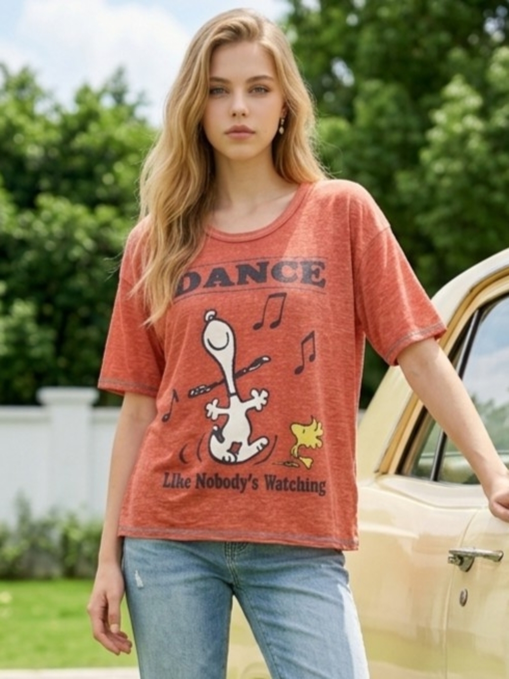 Peanuts Coral Crop Top Snoopy/Woodstock "Dance Like Nobody's Watching" 8/10